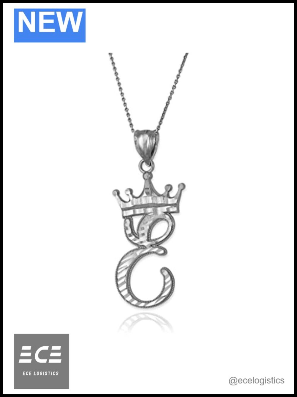 Sterling Silver Initial E Cursive Crown Pendant Necklace 18 Inch